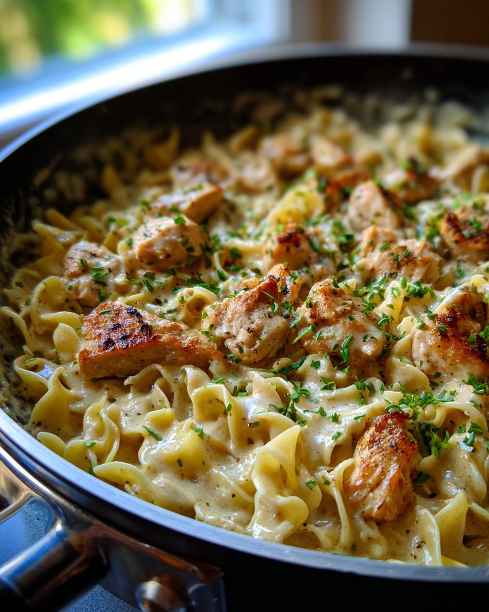 Close-up of creamy one-pan chicken and noodles, garnished with fresh parsley.
