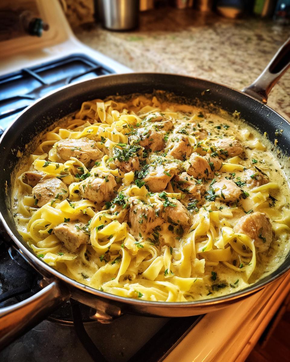 A close-up of a skillet filled with creamy one-pan chicken and noodles, garnished with fresh parsley.