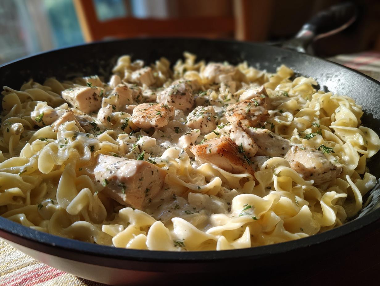 Close-up of a skillet filled with creamy one-pan chicken and noodles, garnished with herbs.