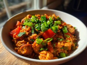 A close-up of a bowl filled with vibrant one pan jambalaya, featuring rice, sausage, bell peppers, and green onions.