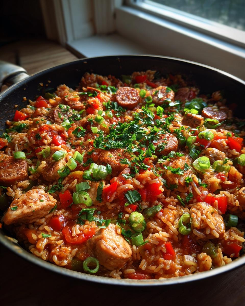 A close-up of a flavorful one pan jambalaya with rice, chicken, sausage, bell peppers, and green onions.