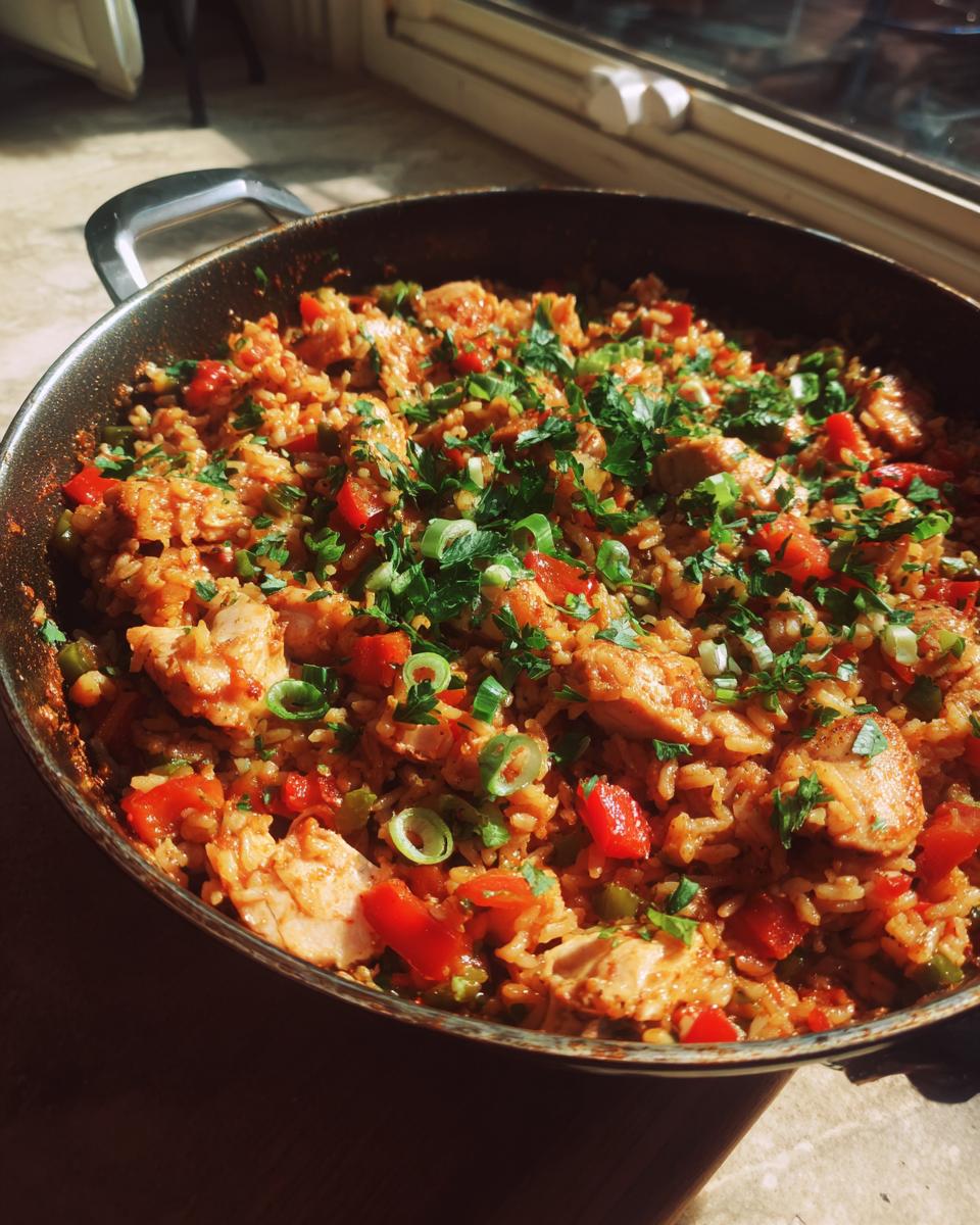 Close-up of a one pan jambalaya featuring chicken, rice, bell peppers, and green onions.