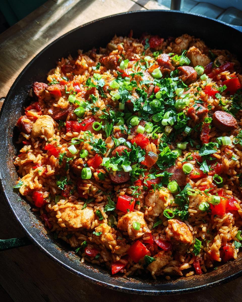 A close-up overhead view of a flavorful one pan jambalaya in a cast iron skillet, filled with rice, chicken, sausage, and peppers.