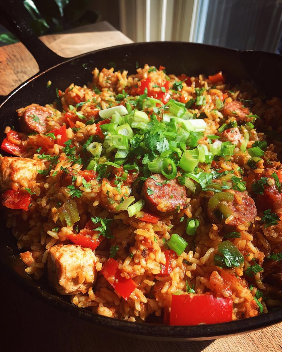 Close-up of a delicious one pan jambalaya in a cast iron skillet, featuring rice, sausage, chicken, and vegetables.