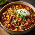 A close-up of a bowl of delicious one pot taco soup, topped with sour cream and cilantro.