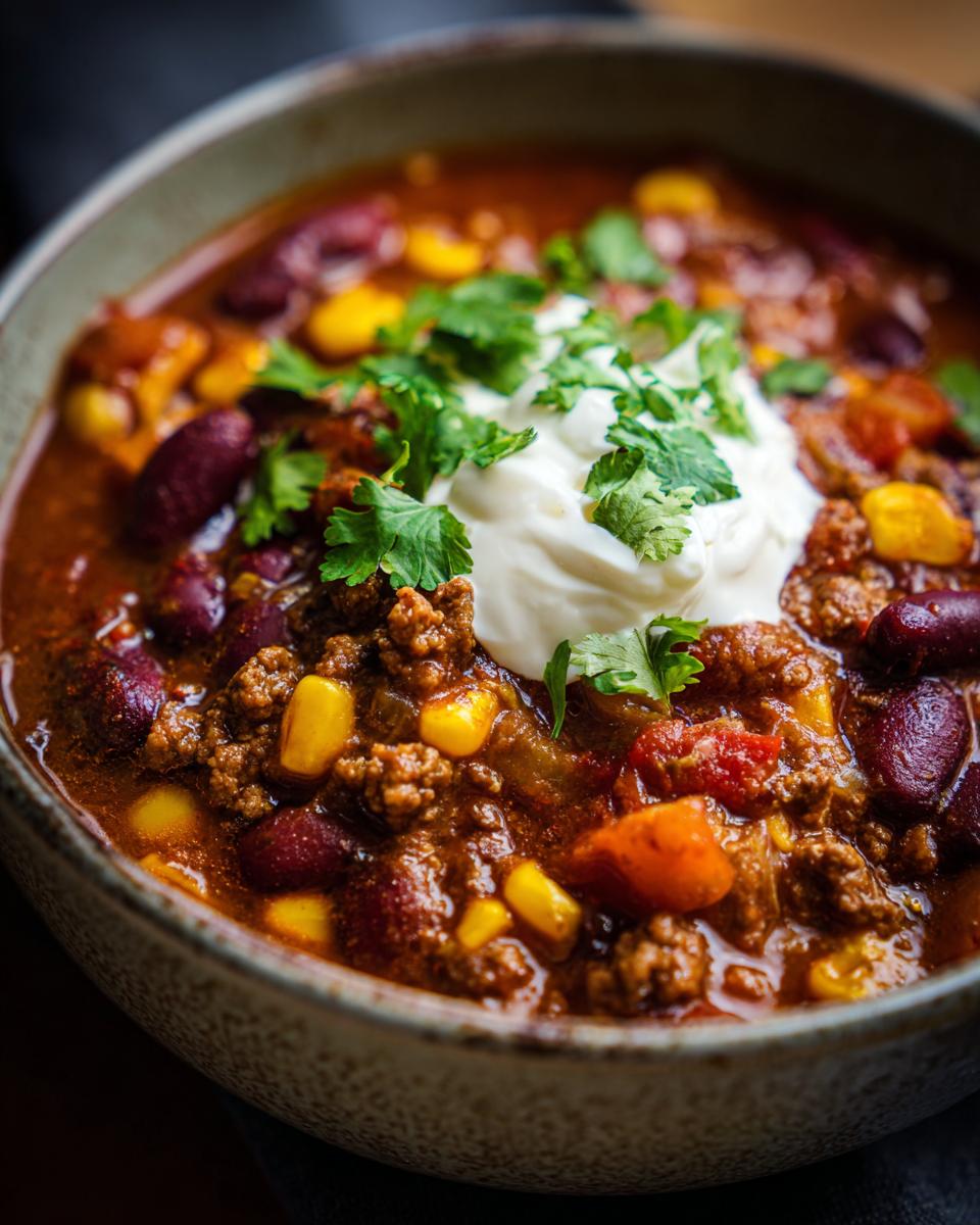 A close-up of a bowl of one pot taco soup, filled with ground beef, beans, corn, and topped with sour cream and cilantro.