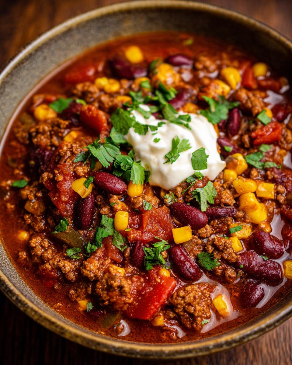 A close-up of a bowl of one pot taco soup topped with sour cream and cilantro.