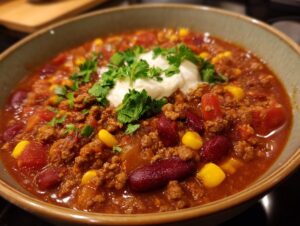 A close-up of a bowl of delicious one pot taco soup, topped with sour cream and cilantro.