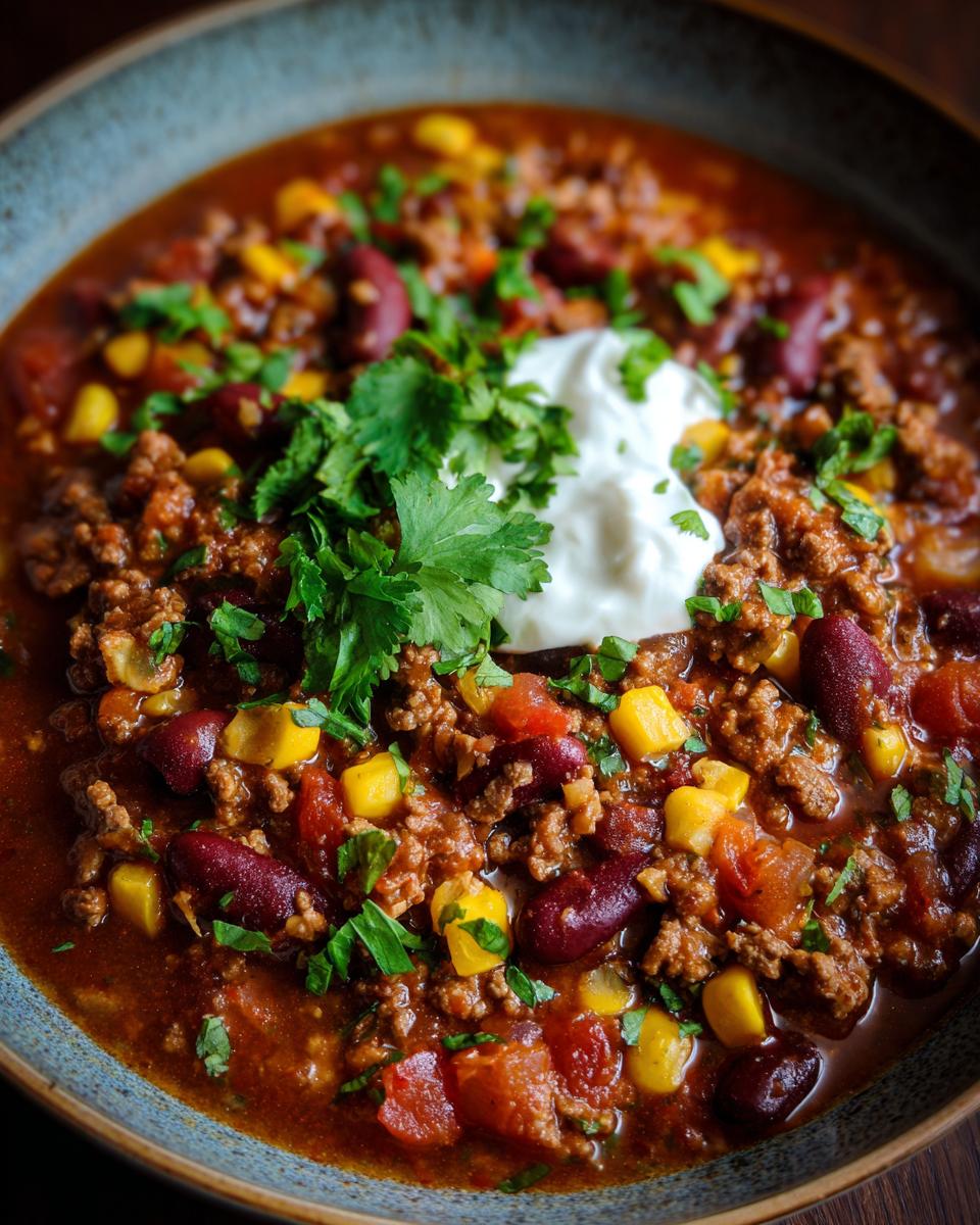 A close-up bowl of hearty one pot taco soup, topped with a dollop of sour cream and fresh cilantro.