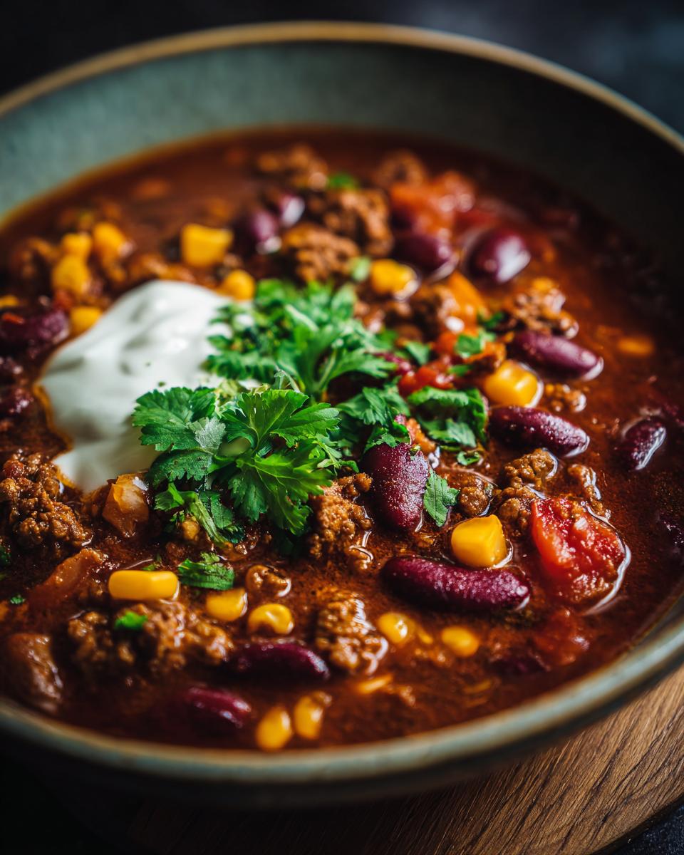 A close-up of a steaming bowl of one pot taco soup, filled with ground beef, kidney beans, corn, and tomatoes, topped with sour cream and cilantro.