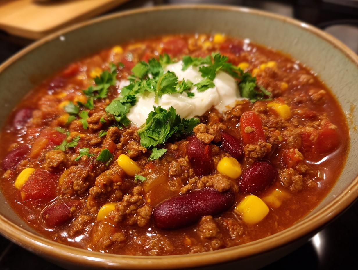 A close-up of a bowl of delicious one pot taco soup, topped with sour cream and cilantro.