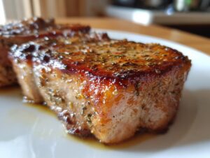 Close-up of perfectly cooked, juicy oven baked pork chops seasoned with herbs on a white plate.