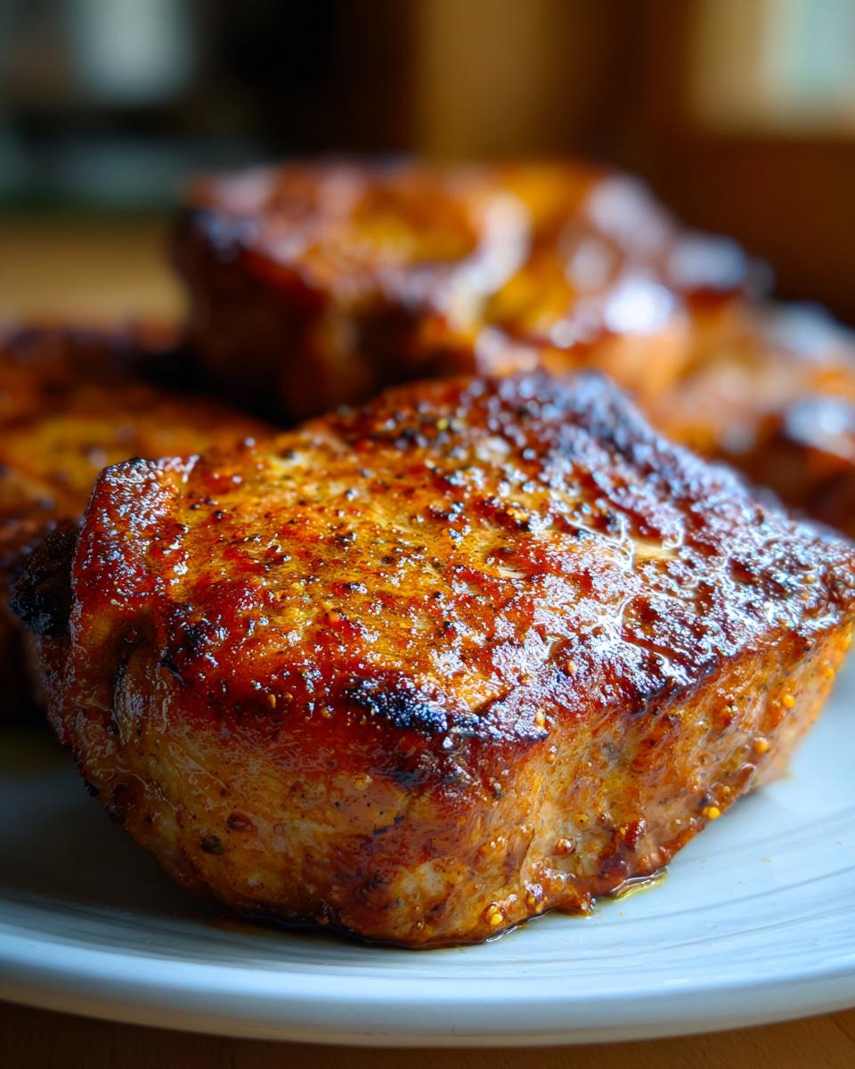 Close-up of a perfectly cooked oven baked pork chop, seasoned and glistening.