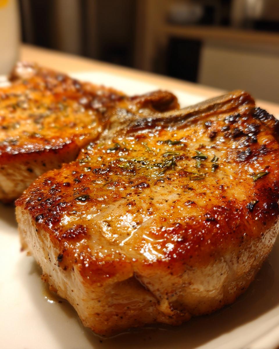 Close-up of two perfectly cooked, juicy oven baked pork chops seasoned with herbs.