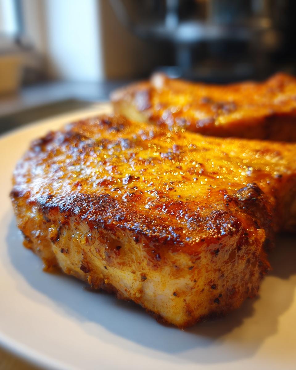 Close-up of two perfectly cooked, juicy oven baked pork chops seasoned with spices on a white plate.