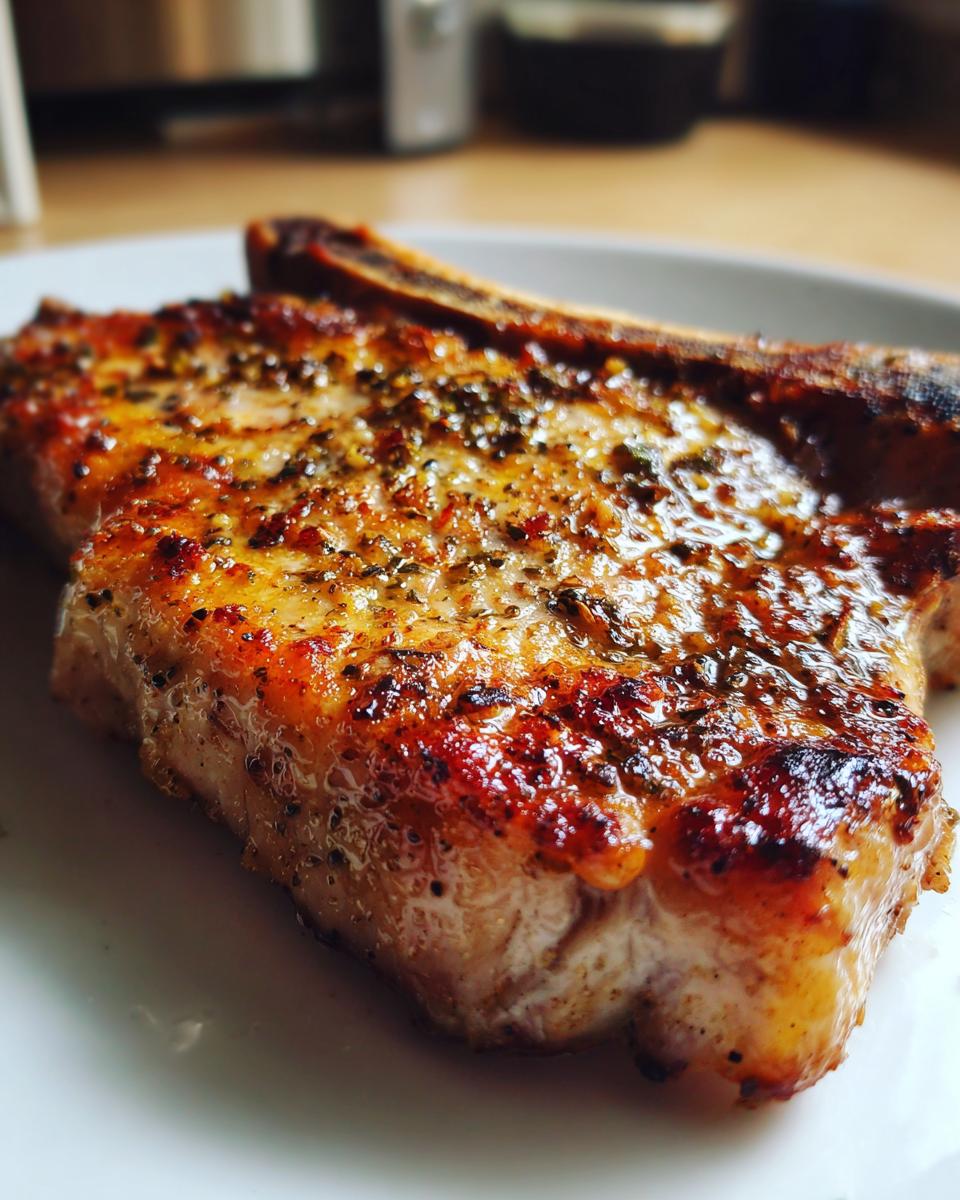 Close-up of a perfectly cooked, juicy oven baked pork chop seasoned with herbs and spices on a white plate.