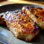 Close-up of two perfectly cooked, golden-brown oven baked pork chops seasoned with herbs on a gray plate.