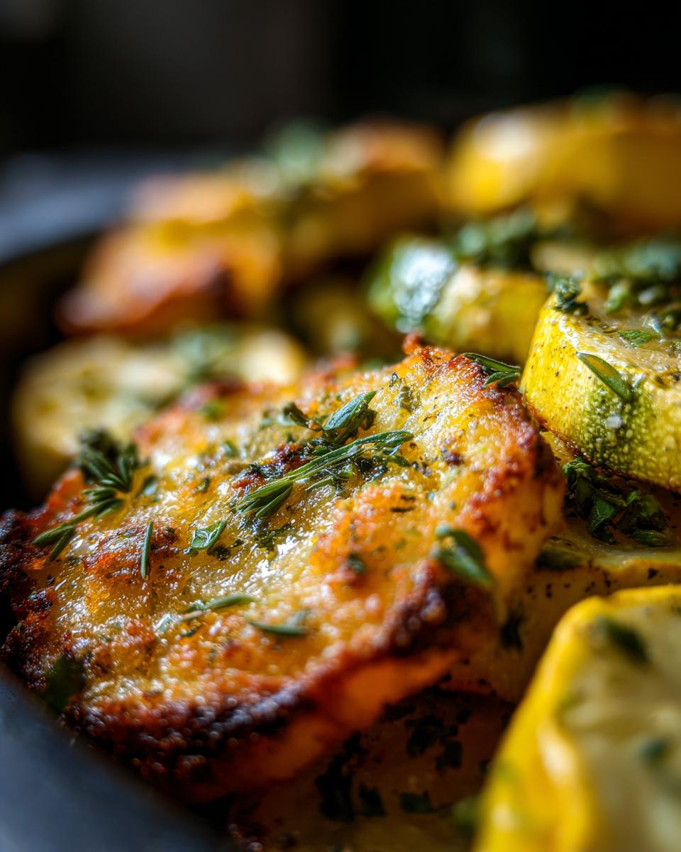 Close-up of golden brown Parmesan baked yellow squash slices topped with fresh herbs.
