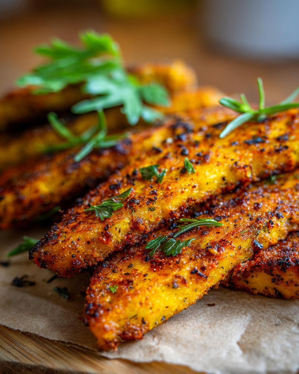 Close-up of crispy Parmesan baked yellow squash fries, seasoned with herbs and spices.