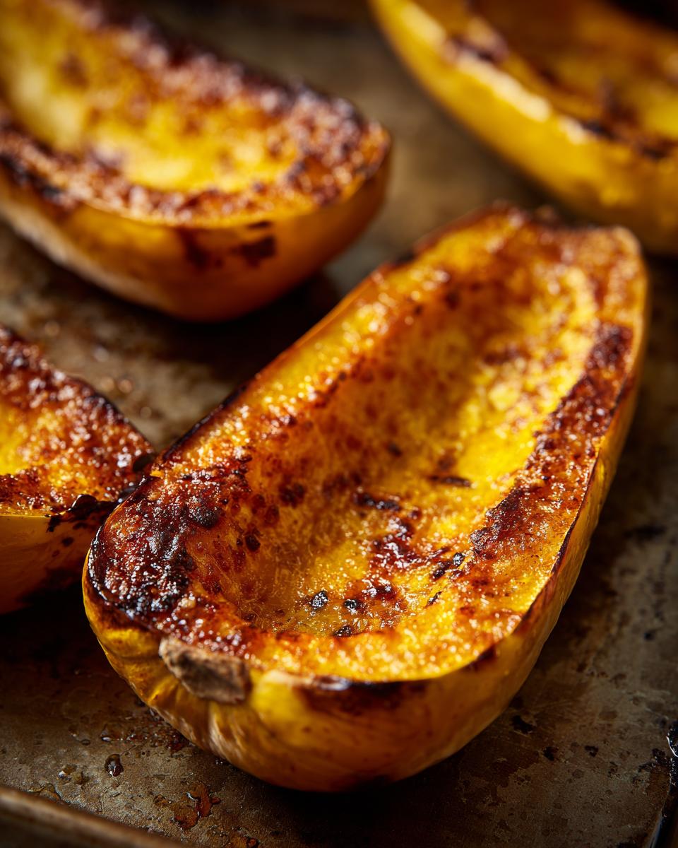 Close-up of roasted Parmesan baked yellow squash halves on a baking sheet, showing golden brown edges and tender flesh.
