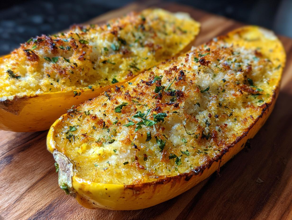Two halves of Parmesan baked yellow squash, topped with golden breadcrumbs and fresh parsley, on a wooden board.