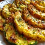 Close-up of golden brown Parmesan baked yellow squash slices, sprinkled with fresh parsley.