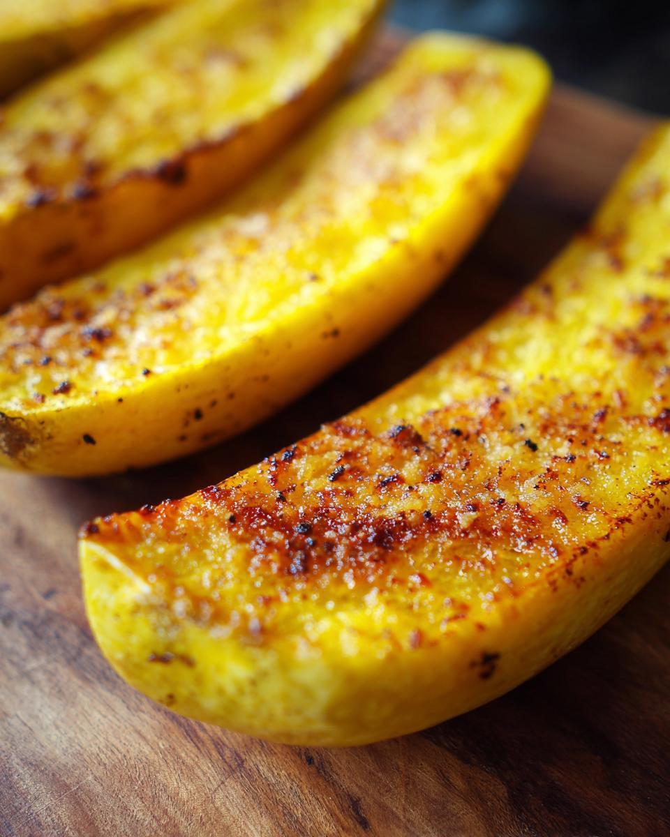 Close-up of delicious Parmesan baked yellow squash slices on a wooden board, seasoned and slightly browned.