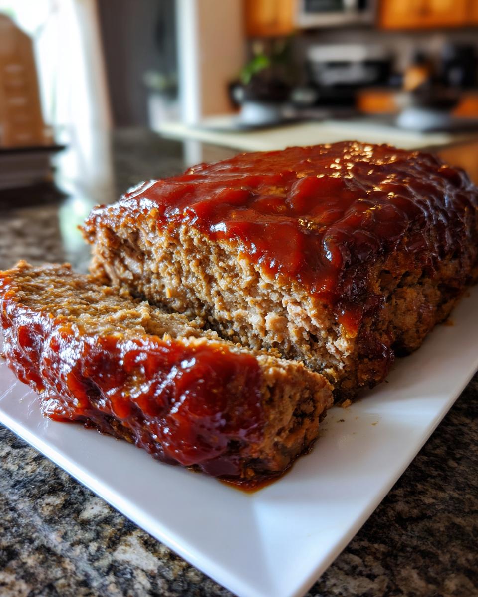 A close-up of Paula Deen meatloaf, sliced and topped with a glossy, savory glaze.