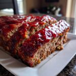 Close-up of sliced Paula Deen meatloaf topped with a glossy ketchup glaze on a white plate.