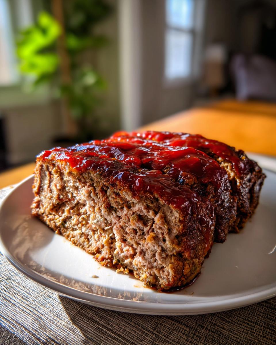 A thick slice of Paula Deen meatloaf topped with a glistening red glaze, served on a white plate.