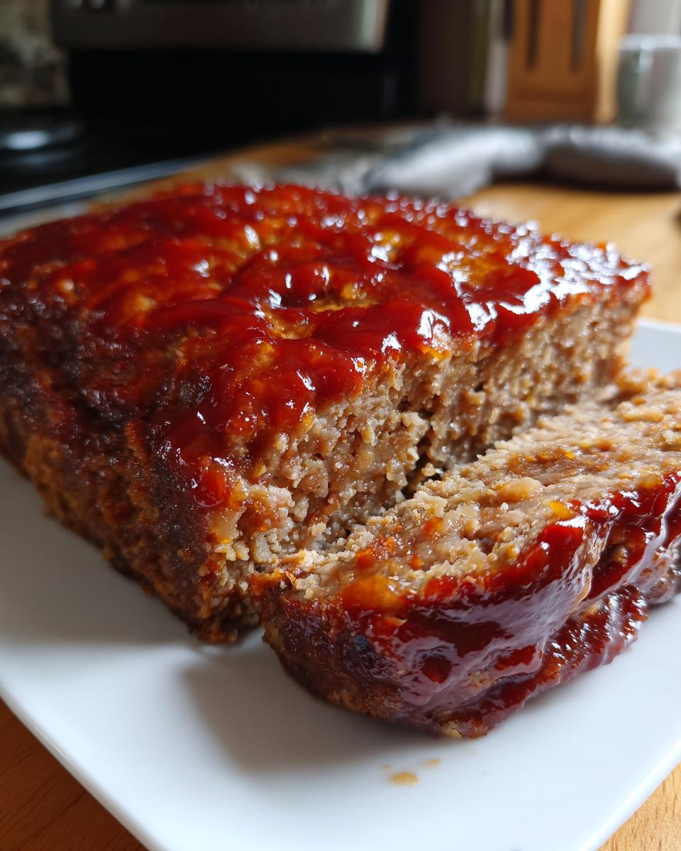 A slice of Paula Deen meatloaf on a white plate, topped with a glistening red glaze.