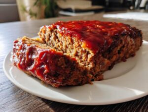 A close-up of a slice of Paula Deen meatloaf covered in a shiny red glaze on a white plate.
