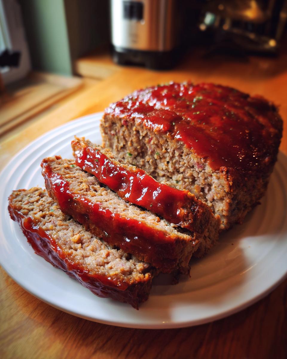 Close-up of sliced Paula Deen meatloaf topped with a shiny red glaze, served on a white plate.