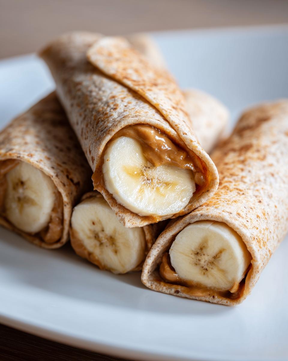 Close-up of three peanut butter banana roll-ups on a white plate, showing banana slices and creamy peanut butter.