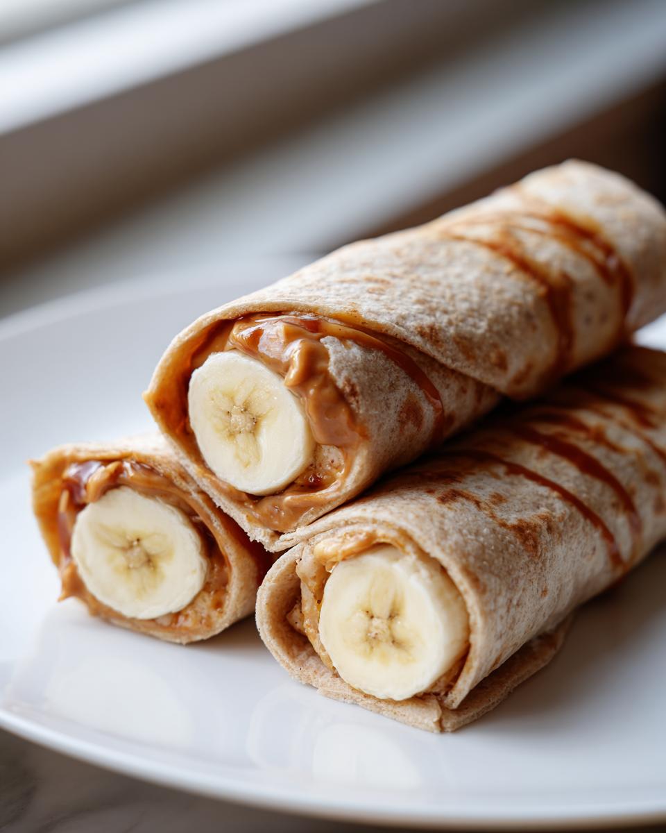 Three peanut butter banana roll-ups stacked on a white plate, drizzled with caramel sauce.