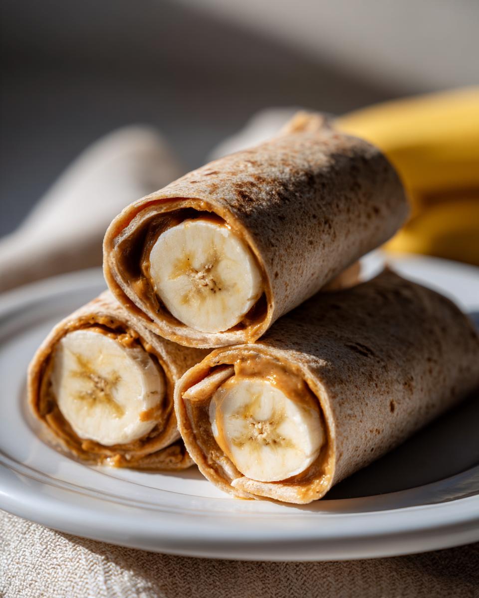 Three peanut butter banana roll-ups stacked on a white plate, showcasing the banana slices and peanut butter filling.