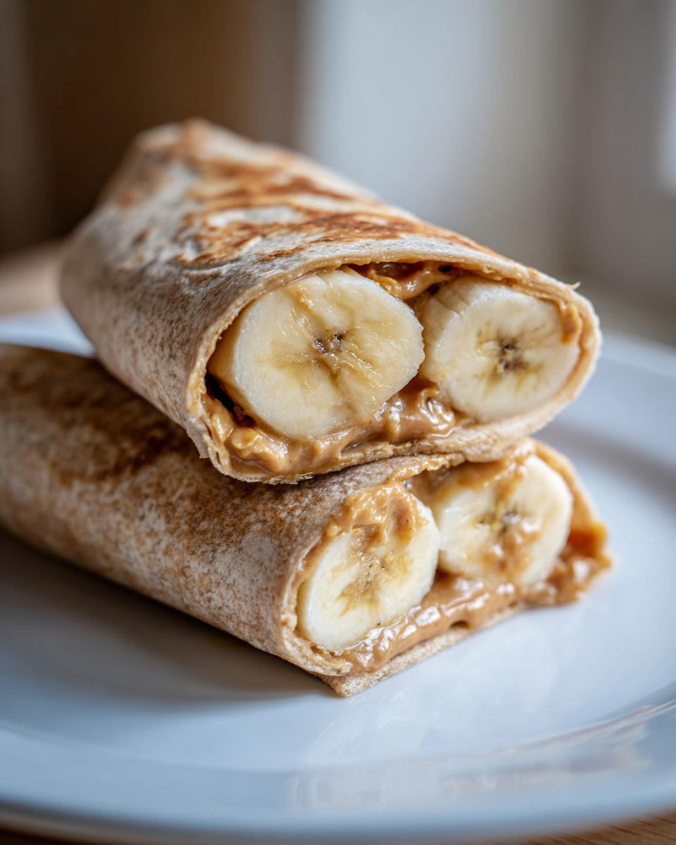 Two peanut butter banana roll-ups stacked on a white plate, showing sliced bananas and creamy peanut butter.