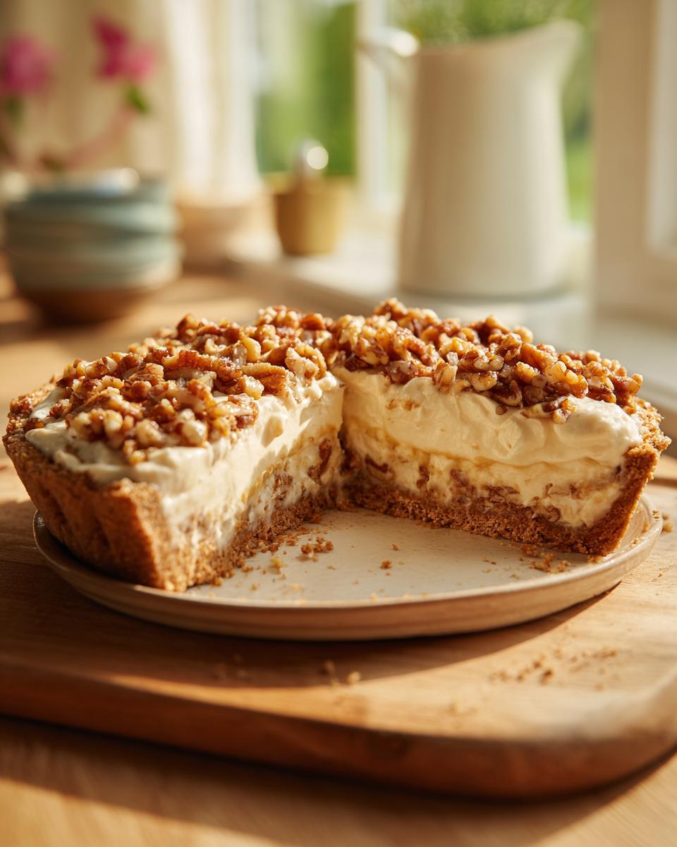 A slice of decadent Pecan cream pie with a creamy filling and a pecan topping, ready to be served.