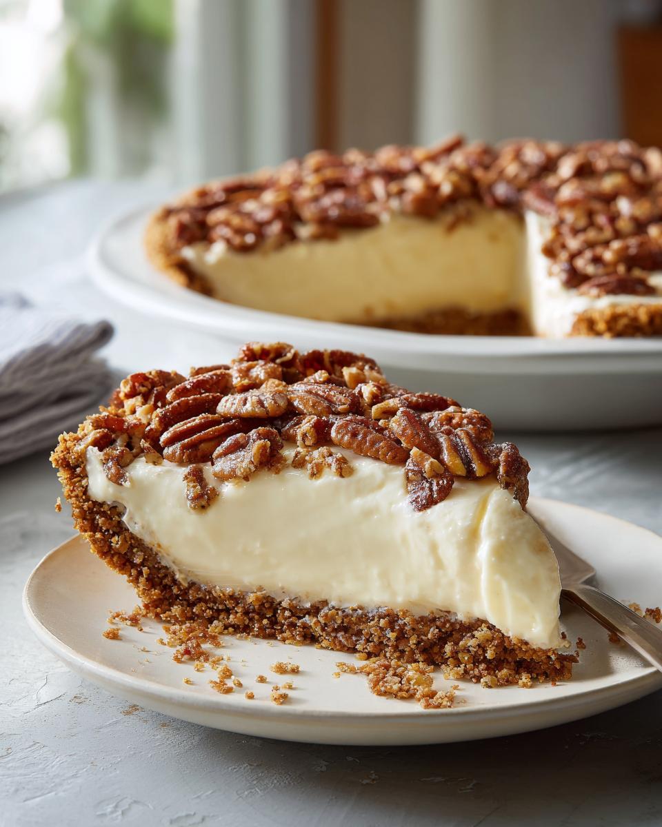 A slice of decadent pecan cream pie, showcasing a creamy filling and a pecan topping on a graham cracker crust.