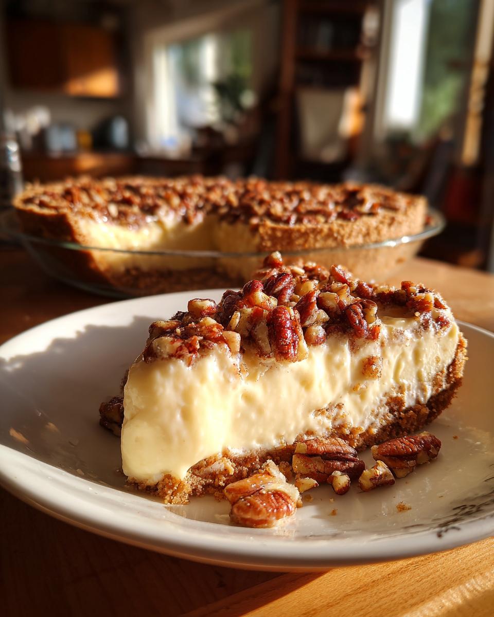 A slice of decadent Pecan Cream Pie with a creamy filling and pecan topping on a white plate.