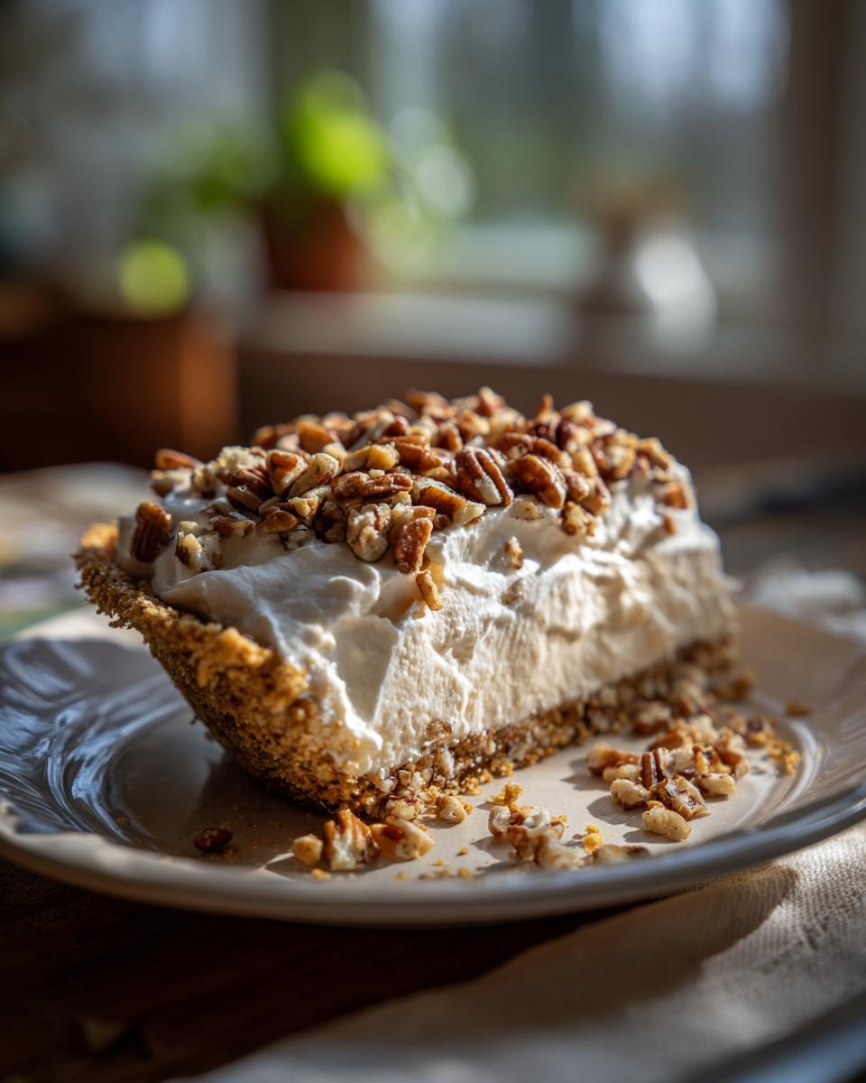 A slice of decadent Pecan Cream Pie, generously topped with whipped cream and chopped pecans, on a white plate.