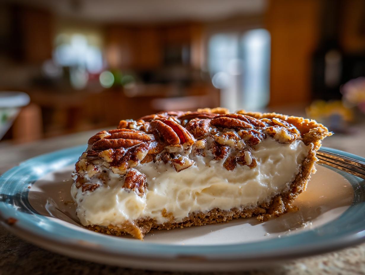 A close-up of a slice of decadent pecan cream pie, showcasing the creamy filling and pecan topping.
