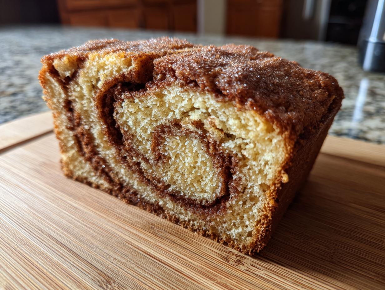 A close-up of a slice of perfect Amish cinnamon bread, showing the swirled cinnamon filling and golden crust.