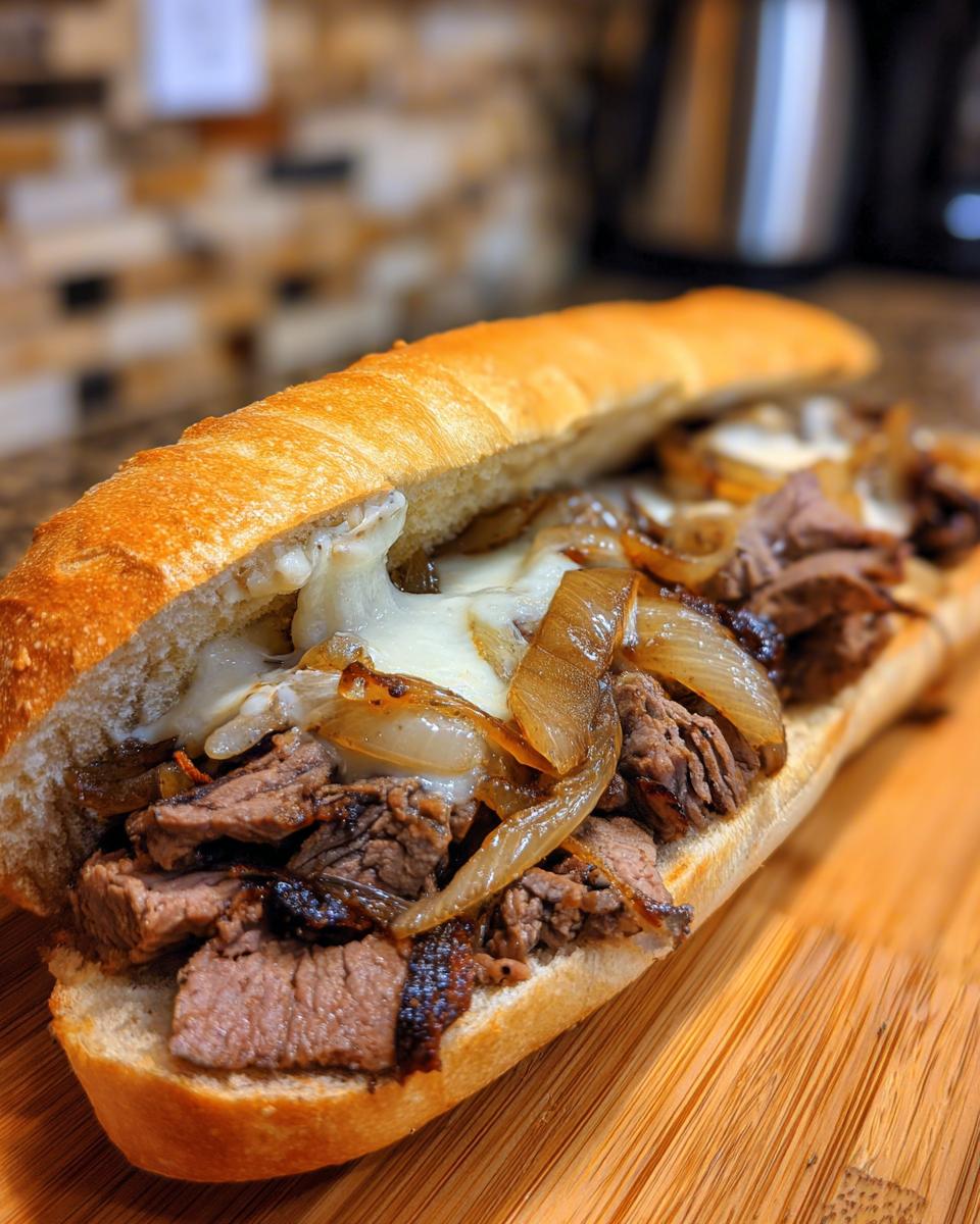 Close-up of a delicious Philly cheesesteak sandwich with thinly sliced steak, melted cheese, and caramelized onions on a toasted roll.