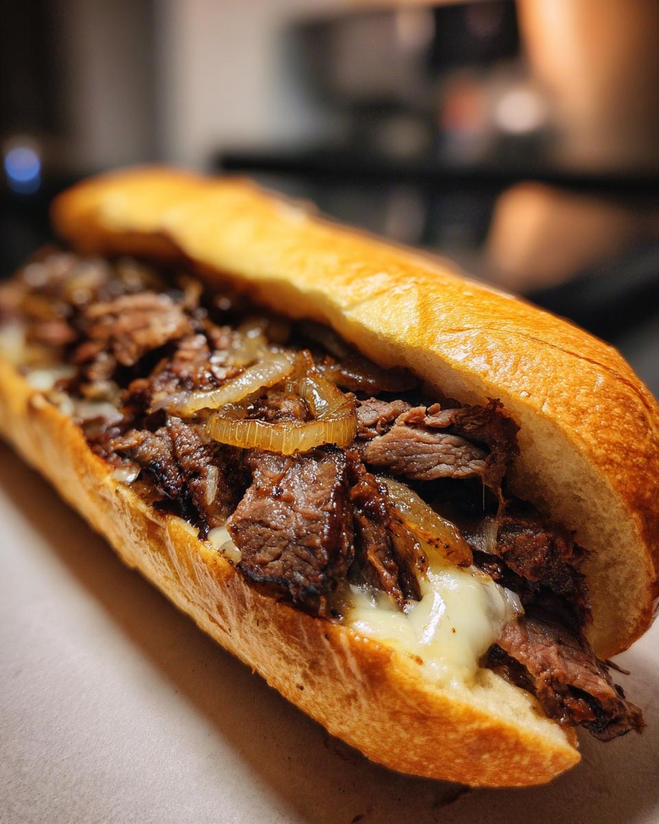 Close-up of a delicious Philly cheesesteak sandwich overflowing with thinly sliced steak, melted cheese, and caramelized onions on a hoagie roll.