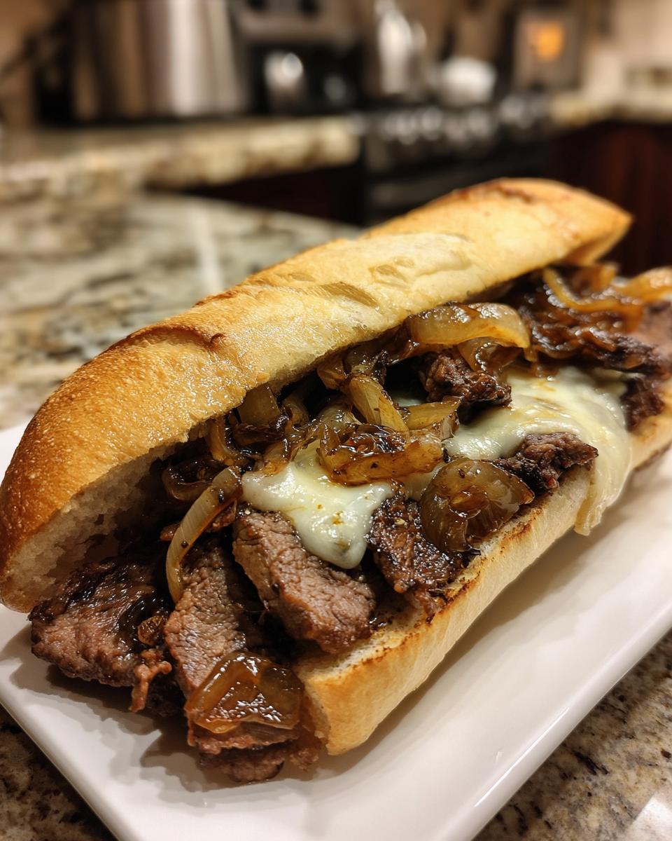 Close-up of a mouthwatering Philly cheesesteak sandwich filled with thinly sliced steak, melted cheese, and caramelized onions on a toasted roll.