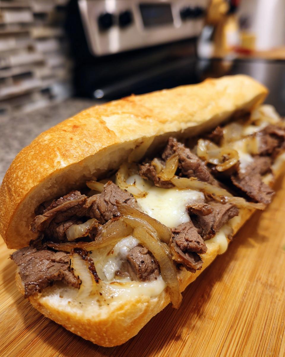 A close-up view of a freshly made Philly Cheesesteak sandwich with thinly sliced steak, melted cheese, and caramelized onions on a hoagie roll.