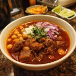 A close-up of a steaming bowl of pork pozole rojo, filled with tender pork, hominy, and garnished with red onion, cilantro, and cheese.