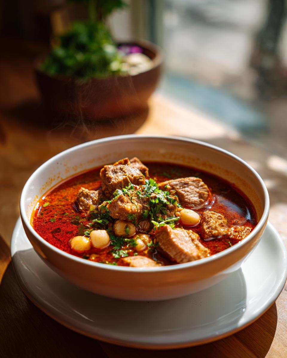 A steaming bowl of delicious pork pozole rojo, garnished with fresh cilantro and hominy.