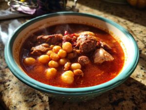 A steaming bowl of delicious pork pozole rojo, featuring tender pork chunks and hominy in a rich red broth.